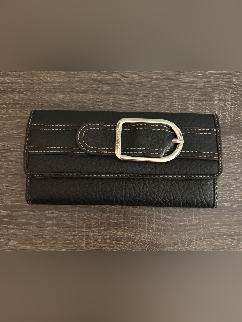 Nine West Black Quilted Clutch with Contrasting Stitching and Silver Buckle